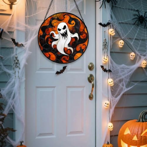 Halloween Pumpkin Vine Ghost Stained Glass Window Hanging - Small 6.3x6.3in