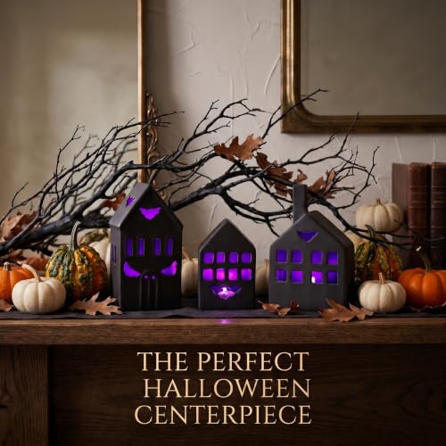 Halloween Village Ceramic Haunted House Figurine Set with Timer & LED Lights
