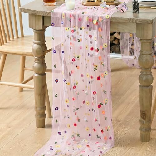 6-Piece Pink Embroidery Daisy Gauze Table Runners 28x120 Inch Set - Artoid Mode