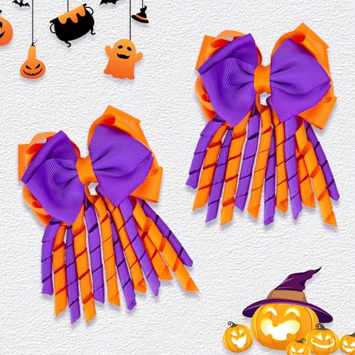 Halloween Hair Bows for Girls - Curly Ribbon 3-Layer Clip with Orange & Purple Variation