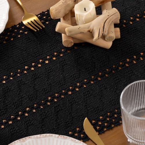 DeZerlor Black Boho Macrame Farmhouse Table Runner 12 x 60 Inches with Tassels