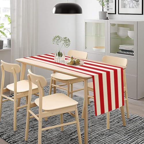 Red and White Striped Table Runner - Classic Linen Farmhouse Decor 13x36in