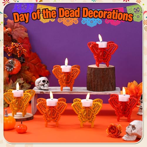 12 Pcs Day of The Dead Butterfly Candle Holders - Wooden Mexican Party Decor