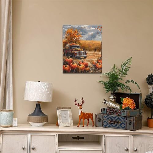 Fall Pumpkin Truck Wall Art Canvas - Farmhouse Autumn Decor for Bedroom & Living Room - 20x16