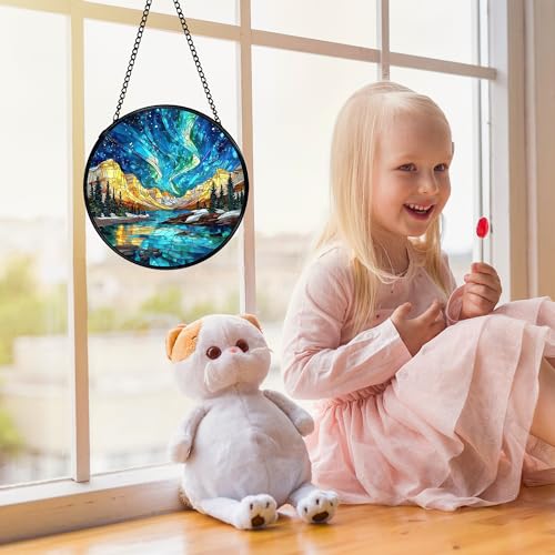 Aurora Borealis Sun Catcher - Stained Glass Window Hanging, 7.9in with Chain - Aurora Variation