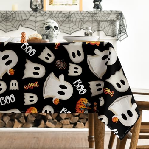 Horaldaily Halloween Tablecloth 60 x 84 Inch Rectangular Black Ghost - Durable Polyester