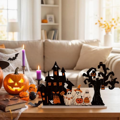 Halloween Ghost Haunted House and Tree Wooden Decor Set - Halloween Tree Variation