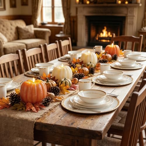 Large Flameless Pumpkin Candle - Fall Decor with Remote Control - Orange & White - ARIKJ