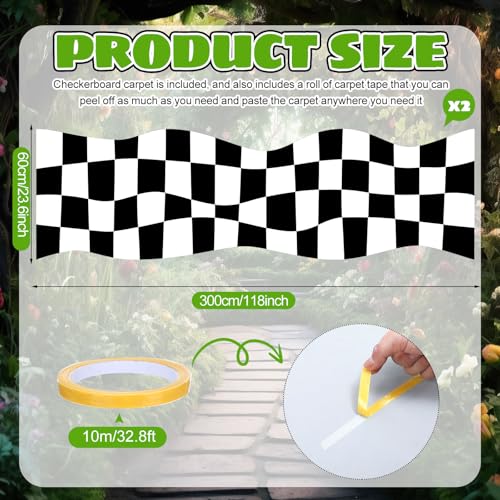 2 Pack Wonderland Checkered Party Runners with Tape - Black White Decor