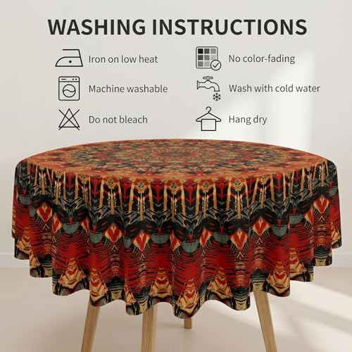 Orange Bohemia Round Tablecloth 60in - Boho Polyester Cover for Dining & Events