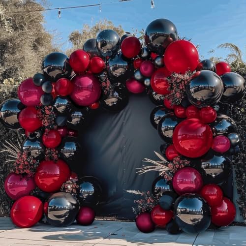 Double Stuffed Black Red Burgundy Balloon Garland Kit for Gothic Halloween Party - Variation: Black Red Burgundy