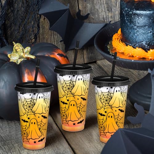 Halloween Ghost Plastic Cups with Lids & Straws - 24 oz, Pack of 12 - Black Variation