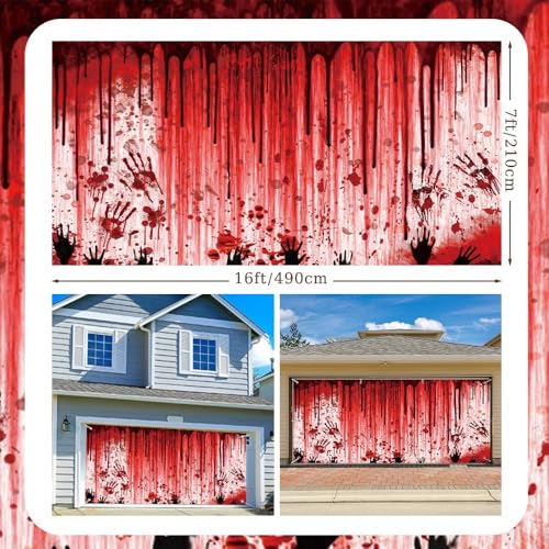 7x16ft Bloody Halloween Garage Door Cover No One Leaves Happy Door Banner Decorations Bloody Handprints Backdrop