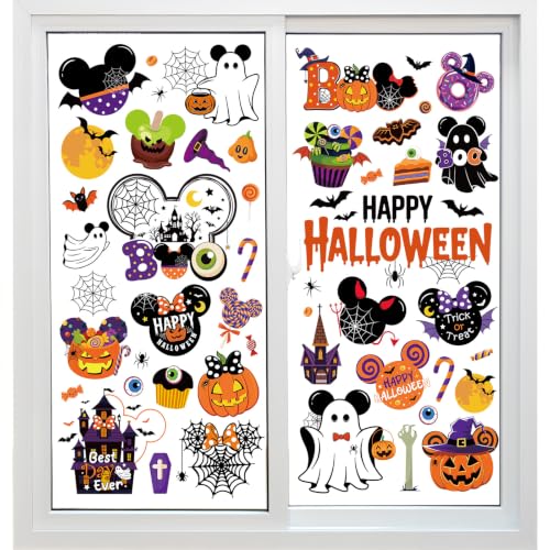 Halloween Mouse Window Clings - Ghost and Pumpkin Decor, 9 Sheets, Reusable Static Clings for Glass Doors & Windows - Halloween Party & Classroom Decorations
