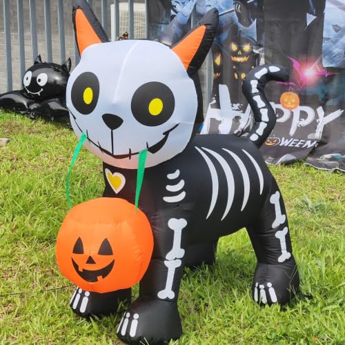 5FT Halloween Skeleton Black Cat Inflatable Outdoor Decoration - Glowing Jack-o'-lantern
