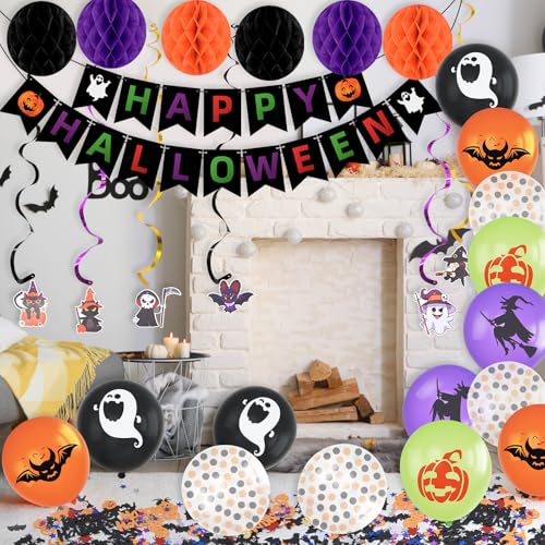 Halloween Decorations Banner Kit with Garland, Honeycomb Balls & Streamers for Party Indoor
