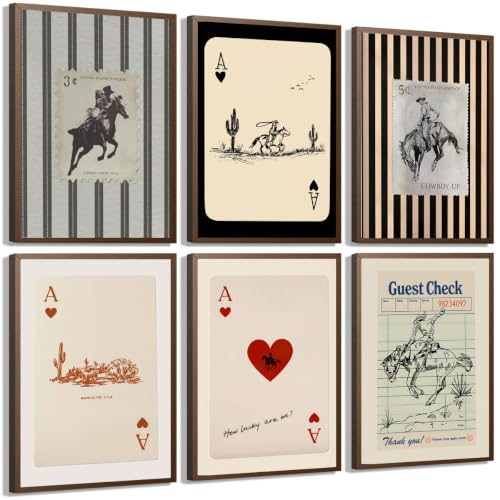 Western Cowboy Wall Art Set - 6 Vintage Canvas Posters 12x16 Inches with Variation Cowboy Playing Cards