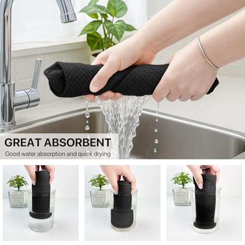 Black Cotton Waffle Weave Kitchen Towels 6 Pack - 12x12 Inches, Ultra Soft & Absorbent