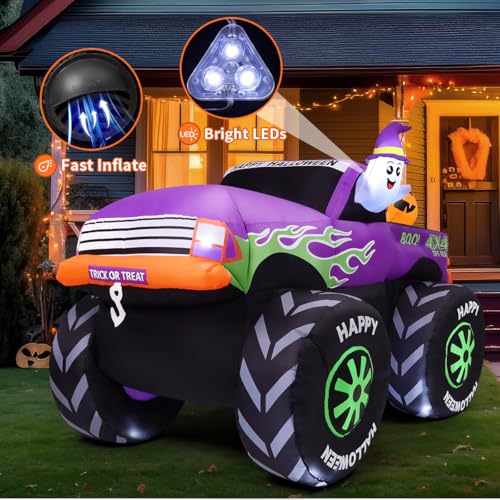 8 FT Halloween Inflatable Monster Truck with Ghost & Pumpkins Outdoor Decor
