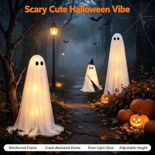 Halloween Ghost Decorations Lighted Indoor Outdoor Set - Adjustable Height Spooky Decor