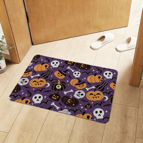 Purple Halloween Bathroom Mat with Jack‑O‑Lantern Skull Ghost - Bath Decor