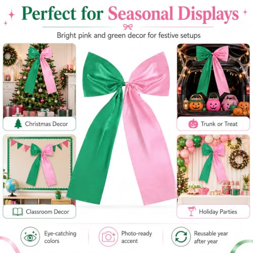Large Pink and Green Satin Bow Christmas Tree Topper Decor 25x47 Inch