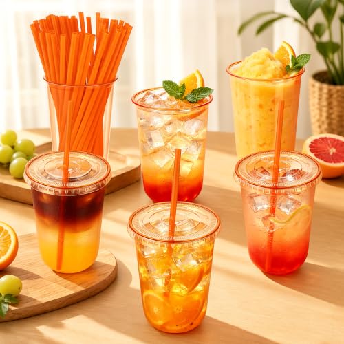 Orange Plastic Party Cups with Lids and Straws - 16oz 50 Pack - Disposable Drinkware