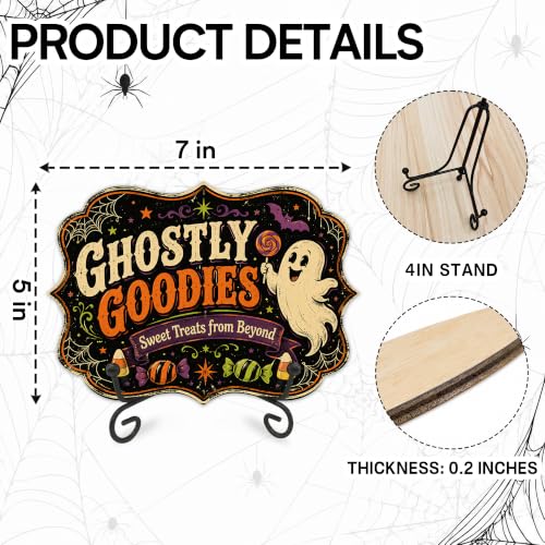 Halloween Candy Buffet Wooden Sign - Ghostly Goodies & Treats - 5x7 Inches with Stand - Festive Fall Decor - A01