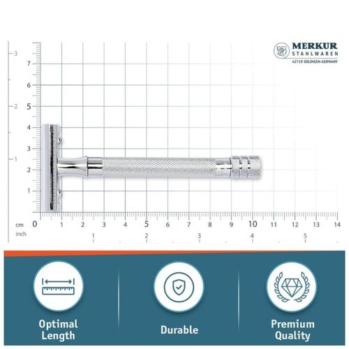 MERKUR 23C Double Edge Safety Razor - Polished Chrome, Long Knurled Brass Handle, Made in Germany, Plastic-Free, Three Piece Design, Closed Comb, Straight Bar