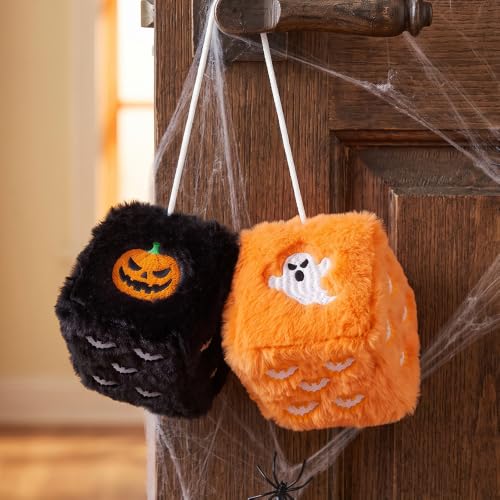 Halloween Fuzzy Dice for Car Rear View Mirror - Plush Black and Orange Decor