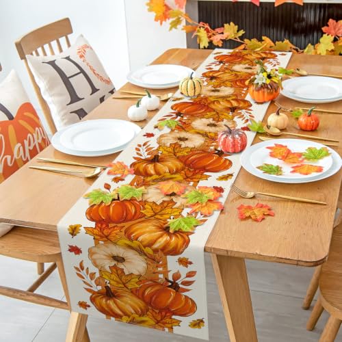 Fall Pumpkin & Maple Leaf Table Runner 13x60 Inches - Autumn Decor - Yellow Fall Variation