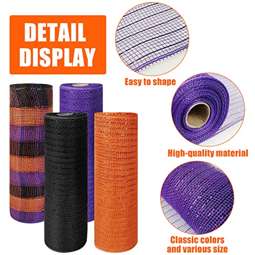Halloween Poly Mesh Ribbon Rolls - Black, Purple & Orange Wired Edge, 10 Inch x 30 Feet, 4 Pack