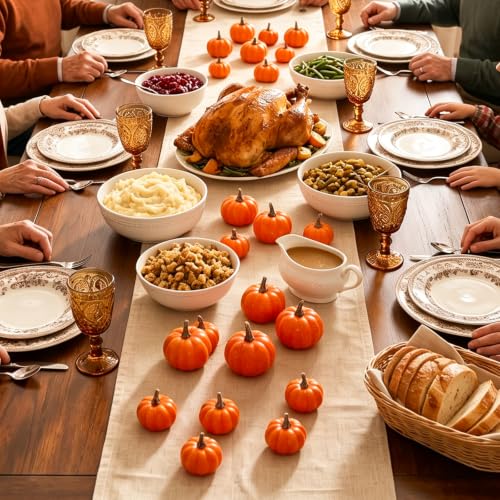 Orange Artificial Pumpkins Set - 24 Pcs Fall Halloween Thanksgiving Decor