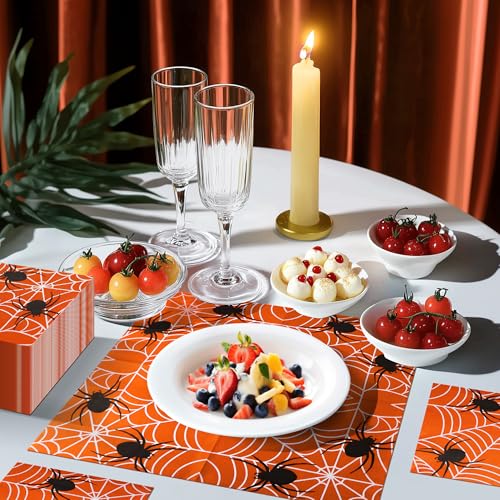 Halloween Spider Web Napkins - Orange 100 Pack, 6.5 x 6.5 Inch 2-Ply Paper