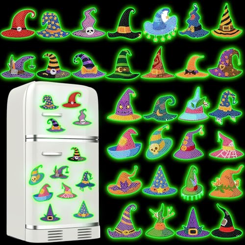 Halloween Diamond Art Magnet Set - Witch Hat Glow in Dark Magnets, 30 Pieces, Versatile Sizes