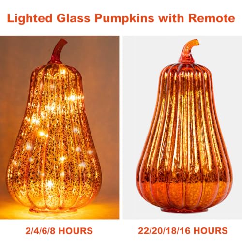 Set of 3 Glass Pumpkin Lights with Timer - Fall Halloween Thanksgiving Decor