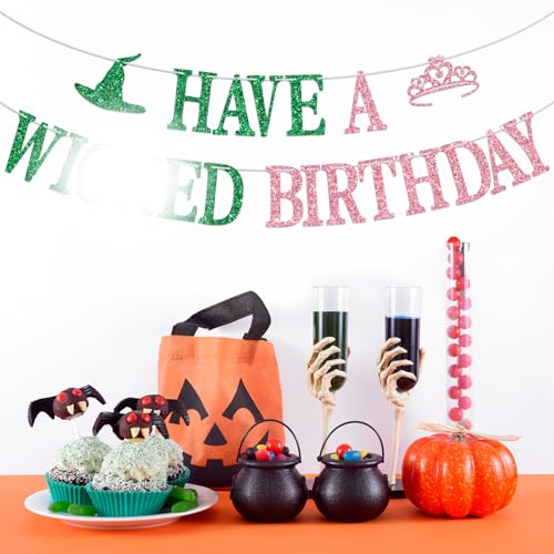 Wicked Birthday Banner Witch Theme Party Decorations Pink Green Glitter Sign