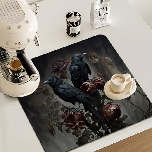 Dark Academic Black Crow Dish Drying Mat - Halloween Raven Kitchen Counter Protector with Variation Black Crow2