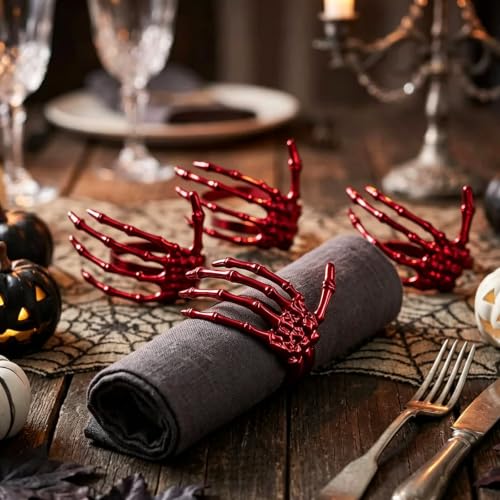 Red Halloween Skeleton Napkin Rings Set of 6 - Spooky Gothic Table Decor