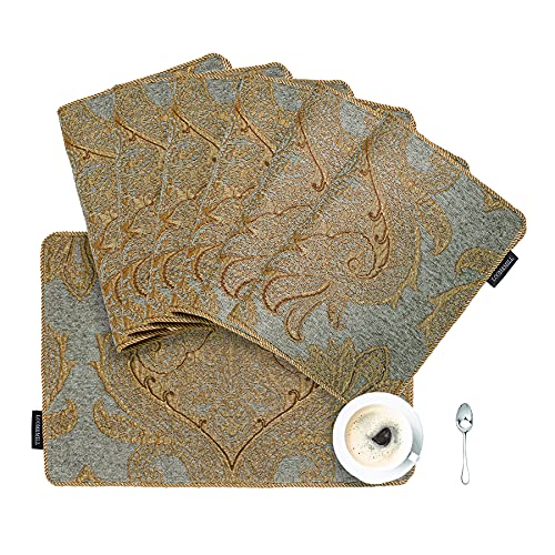 Luxury Chenille Damask Placemats Set of 6 - Blue Gold, Elegant Dining Table Mats with Non-Slip Backing - Loom and Mill