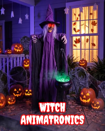 Life Size Halloween Animatronic Witch with Cauldron & Lights - Sound Activated, Spooky Yard Decor