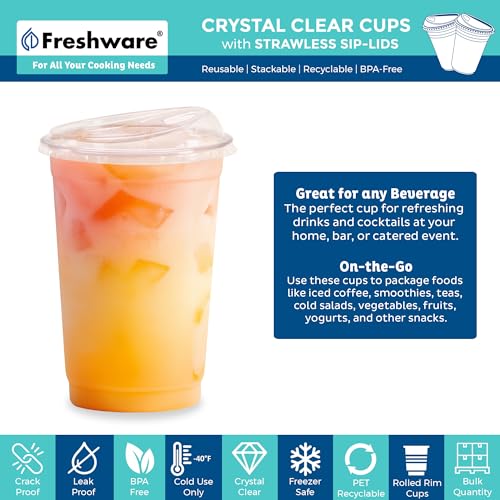 16 oz Disposable Plastic Cups with Strawless Sip Lids - 100 Pack Clear Tumblers for Parties