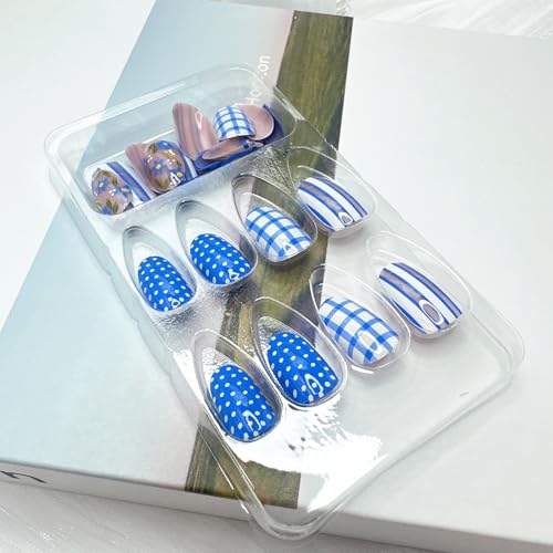 Blue Press On Nails Short Almond Fake Nails with Flower Designs - Colorful Variation 9