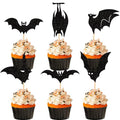 Halloween Bat Cupcake Toppers - Black Glitter Silhouette, Pattern 16, 24 Pack