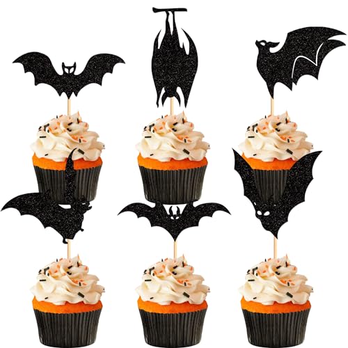 Halloween Bat Cupcake Toppers - Black Glitter Silhouette, Pattern 16, 24 Pack