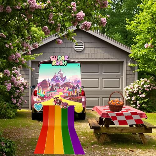 Halloween Car Trunk Decorations Set with Banner and Stickers - Candy Land Theme, Rainbow Road, Red White Cover, Girl's Party Supplies