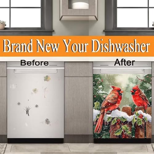 Red Bird Snowflake Dishwasher Magnet Cover - 23x26 Inches, Magnetic Kitchen Decor
