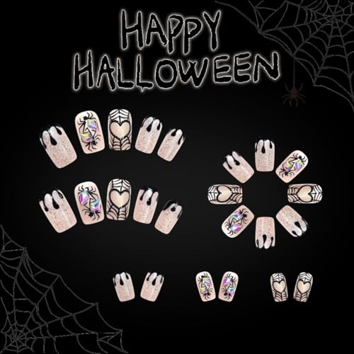 Halloween Press On Nails Set - Medium Square Reusable Fake Nails with Rhinestones Spider Web Glitter - Style D9