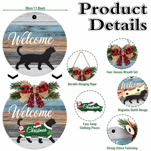 Interchangeable Welcome Sign with Black Cat & Seasonal Wreaths - Landscape, Magnetic Door Decor