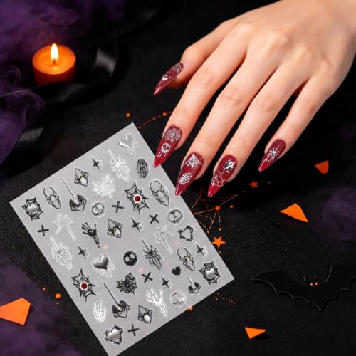 Halloween Nail Stickers - 6 Sheets Spooky Chrome Embossed Decals - Dark Ghost Variation